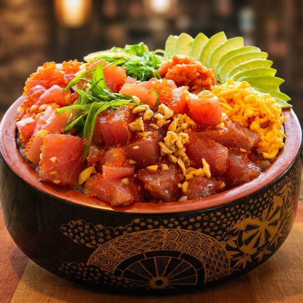 A colorful poke bowl with tuna, avocado, roe, and other toppings in a decorative black bowl.